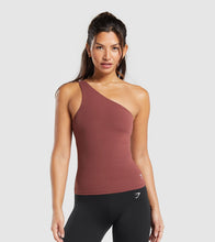 Cargar imagen en el visor de la galería, Gymshark asymmetric tank with shelf, en negro y café.
