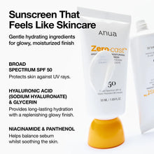 Cargar imagen en el visor de la galería, Anua Zero-Cast Moisturizing Finish Sunscreen Protector solar ligero SPF 50+

